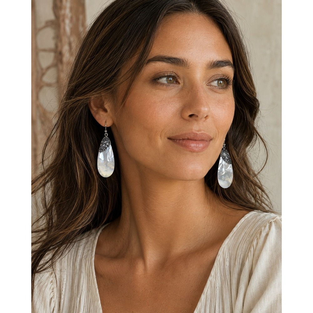 Annika Witt Sterling Silver 925 Mother of Pearl Bali Dangle Earrings Pierced